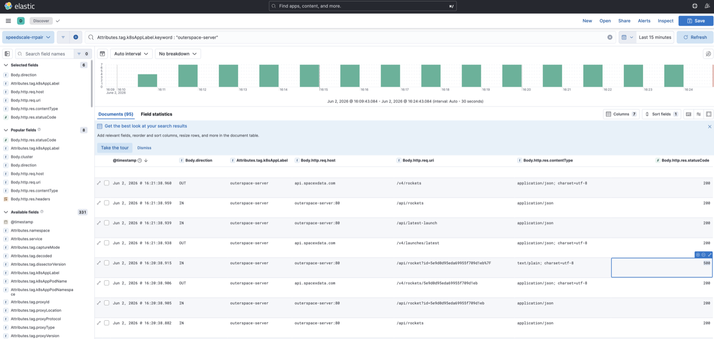 Kibana Discover view filtered to outerspace-server showing individual RRPair documents with 500 status codes