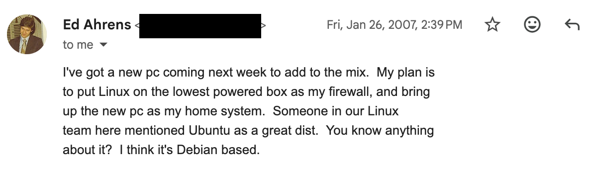Email from my Dad in early 2007 about installing Ubuntu